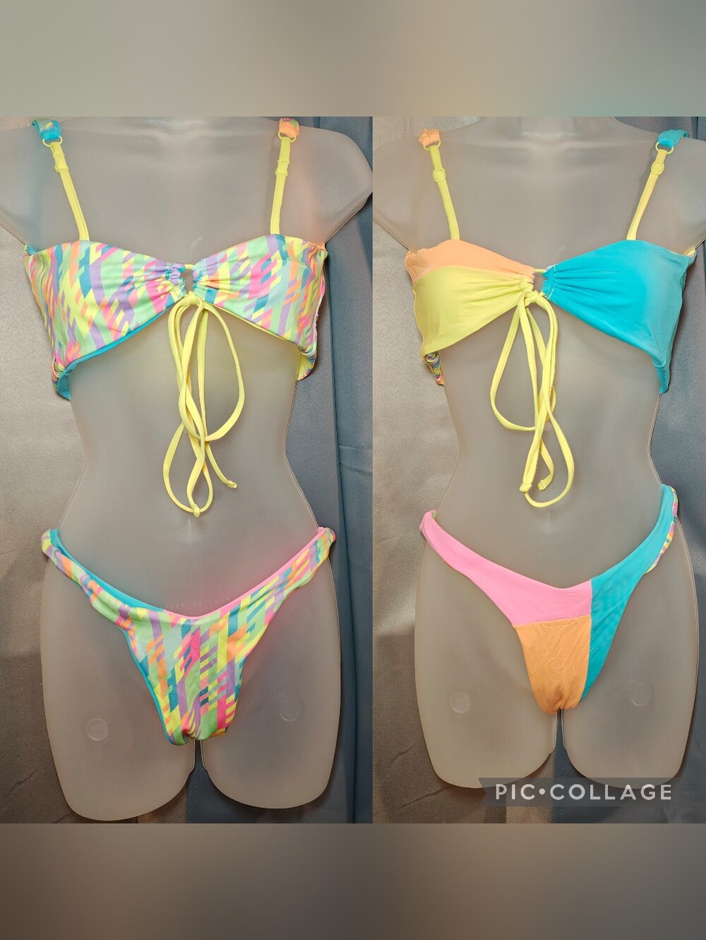 OneOne Reversible Colorful Geometric Strappy Cheeky Bikini Set w Butt Scrunch.